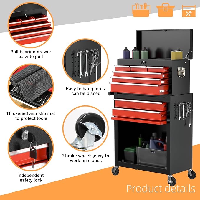 8-Drawer High Capacity Rolling Tool Chest, Removable Cabinet Storage Tool Box with Wheels and Drawers, Detachable Toolbox with Lock for Workshop (Black&red)