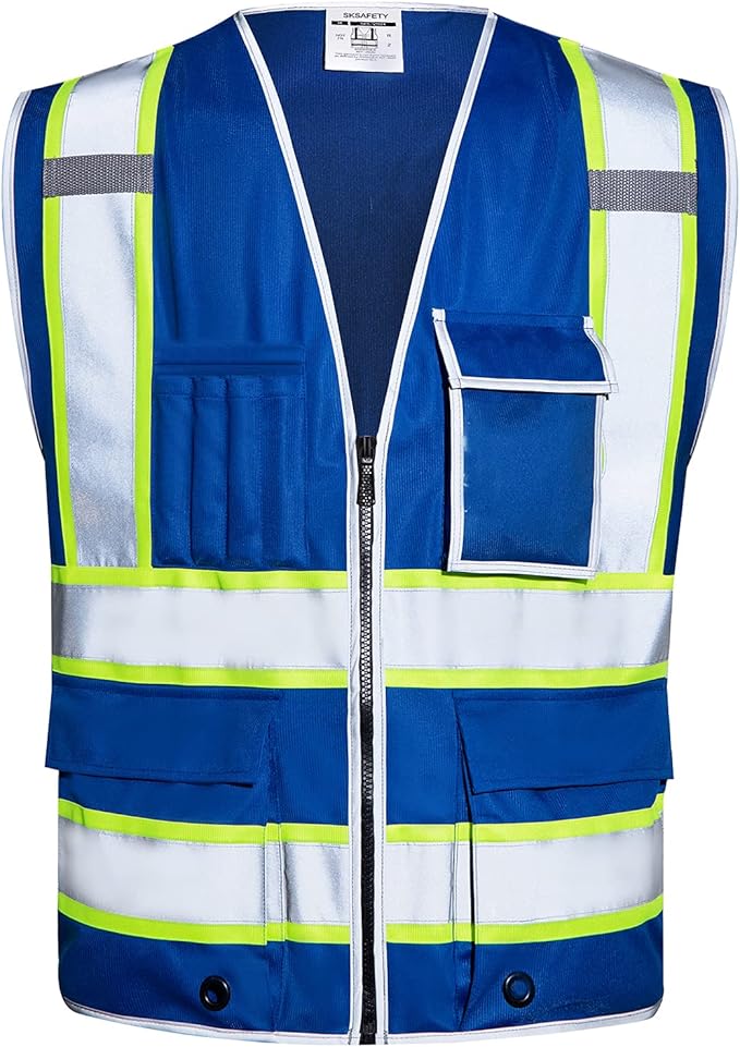 SKSAFETY 10 Pockets Safety Vest, Class 2 High Visibility Security with Zipper, Hi Vis Vest with Reflective Strips, ANSI/ISEA Standard, Construction Work Vest for Men ＆ Women （Blue, 3XL）