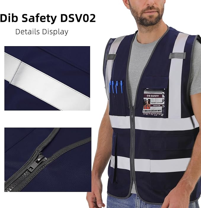 Dib Safety Reflective Vest High Visibility with Pockets and Zipper, Navy XL