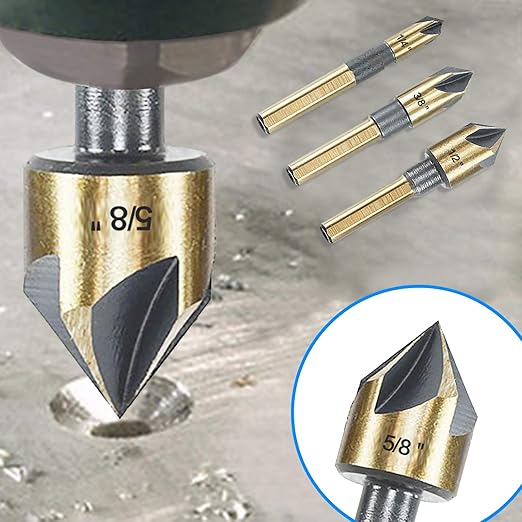 Countersink Drill Bit Set, 5 Pieces High Speed Steel 82 Degree 5 Flute 6mm Round Shank Mill Cutter Bit Countersink in Sizes 3/4" Set with Carrying Case.