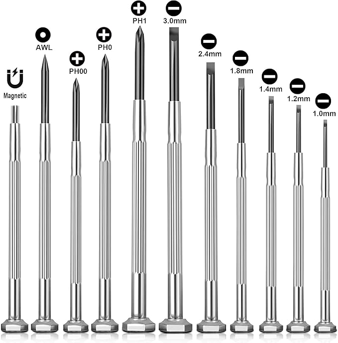 Precision Screwdriver Set, 11 Pieces, Mini Flathead and Phillips, for Glasses, Watches, Electronics Repair