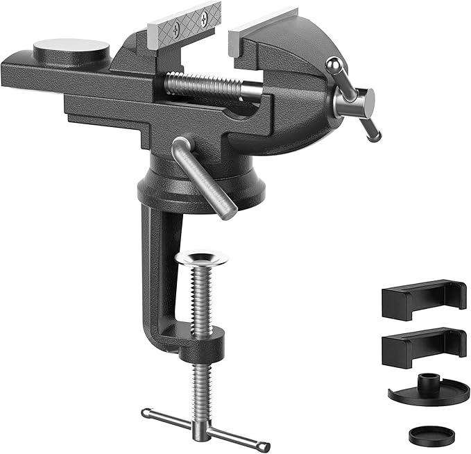 Portable Vise Clamp On Vice for Workbench- 3 Inch Rotate 360°Bench Clamp Swivel Base for Drilling Metalworking Woodworking, Cutting Conduit, Black