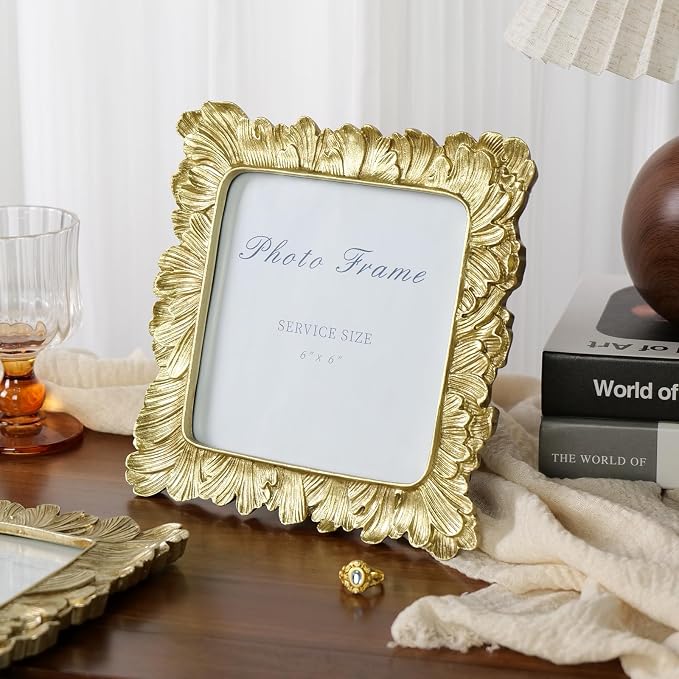 Cuspin 6x6 Gold Picture Frame, Vintage Palm Leaf Square Photo Frame - Image 3