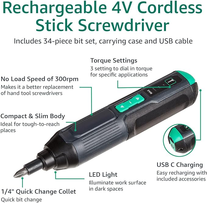 Amazon Basics by SKIL 4V Cordless Stick Screwdriver with 34-Piece Bit Set, Carrying Case, USB Charging, LED Work Light, 3 Torque Settings (Previously Denali Brand)