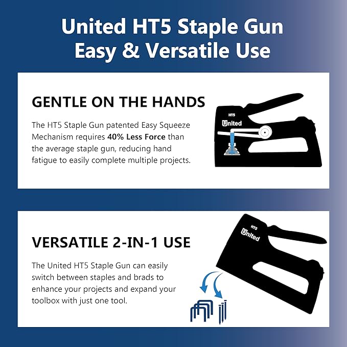 United Office Products HT5 Heavy Duty 2-in-1 Manual Staple Gun and Brad Nailer for Carpentry, Upholstery, Crafts, Professional and DIY Projects, Lightweight Plastic Body