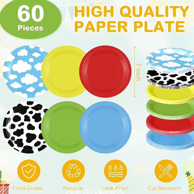Funnymoom 60 Pcs 7 Inch Toy Inspired Paper Plates Cow Pattern Cloud Plates - Image 2