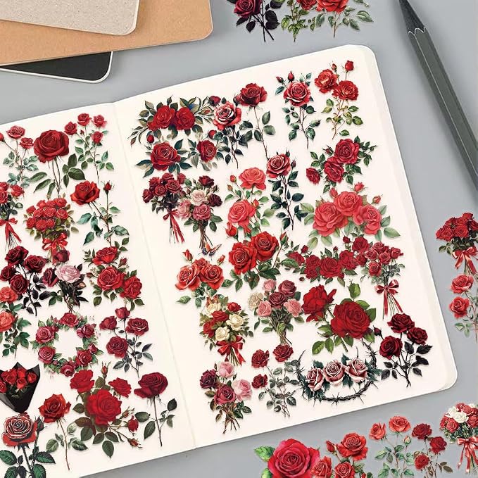 50 Pcs Vintage Red Rose Stickers - Image 7