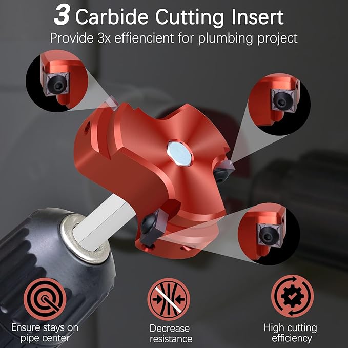PVC Fitting Saver 2-Inch Head,Triple Blade PVC Pipe Reamer Socket Saver with 3/8-Inch Hex Shaft,Plastic Pipe Fitting Reamer Plumbing Tool for Sch.40 CPVC ABS Socket Hub,Fit Standard 1/2" Drills