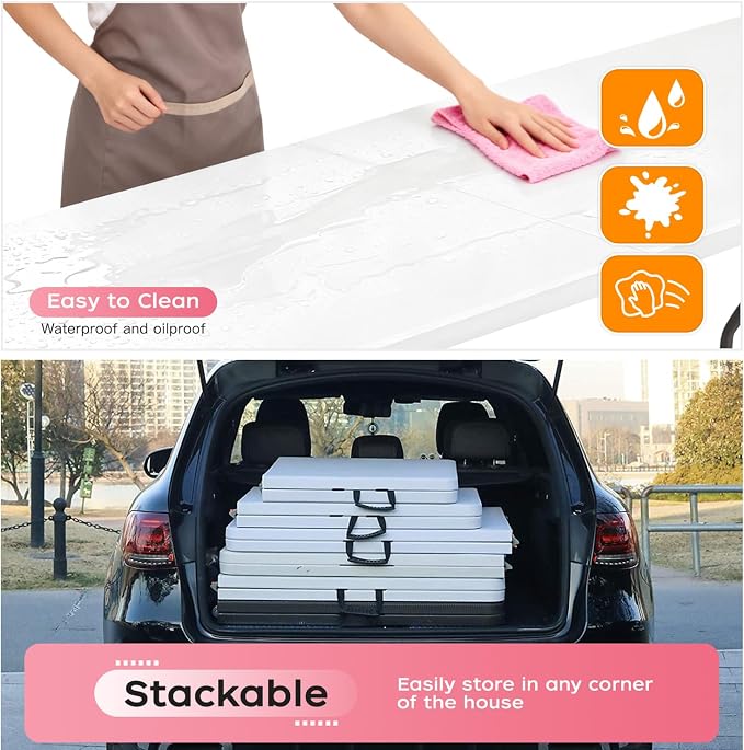 FDW 8FT Folding Table, Portable Fold-in-Half Plastic Picnic Party Table - Image 6