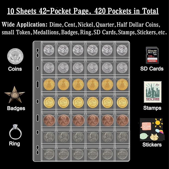 10 Sheets Coin Collection Pages, Coins Pocket Page - Image 2