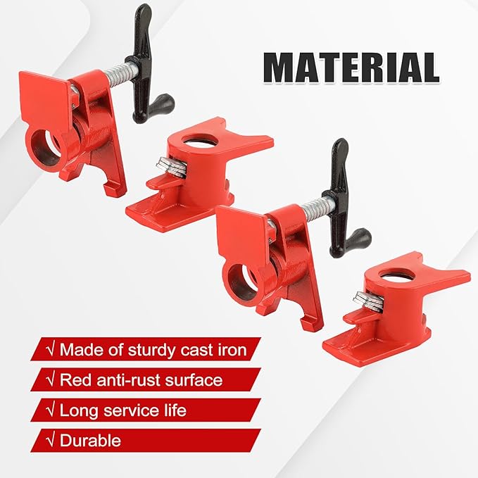 3/4" Wood Gluing Pipe Clamp Set with Unique Foot Design Red Heavy Duty Bar Clamps Cast Iron Quick Release Pipe Clamp Tools for Woodworking (6pc, 3/4" with foot)