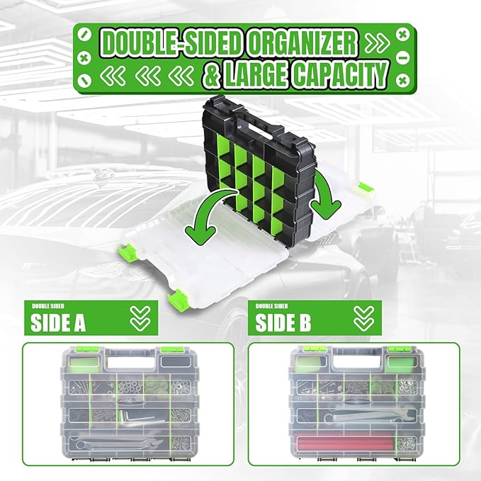 Tool Box with Transparent Lid, Double Side 34-Compartments Organizer Box with Removable Dividers for Hardware, Screws, Bolts, Nails, Beads, Jewelry and Fishing Accessories, Green, 4 Pack