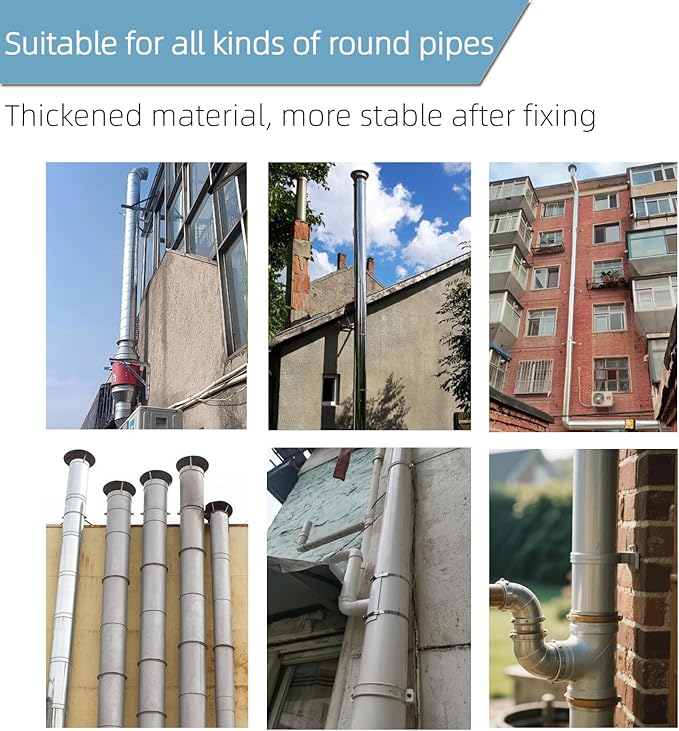 2 Sets 10 Inch Adjustable Pipe Bracket，Heavy Duty Galvanized Iron Stove Pipe Hanger Strap，Wall Support Chimney Pipe Holder，Round Split Ring Vent Conduit Carrier Kit，with All Mounting Screws