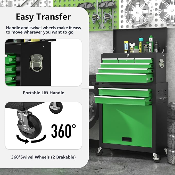 8 Drawer Tools Chest,42.9 inch Tool Cabinet with Universal Lockable Wheels，Organizable Tool Box with Detachable Top Box for Workshop，Blackgreen