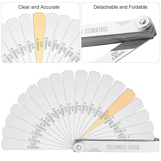 Stainless Steel Feeler Gauge 32-Blade 0.04-0.88 mm (0.0015-0.035 Inch) Precision Gap Measuring Tool for Valve Adjustment, Spark Plug Gap, Dual Marked Metric and Imperial Measuring Tools