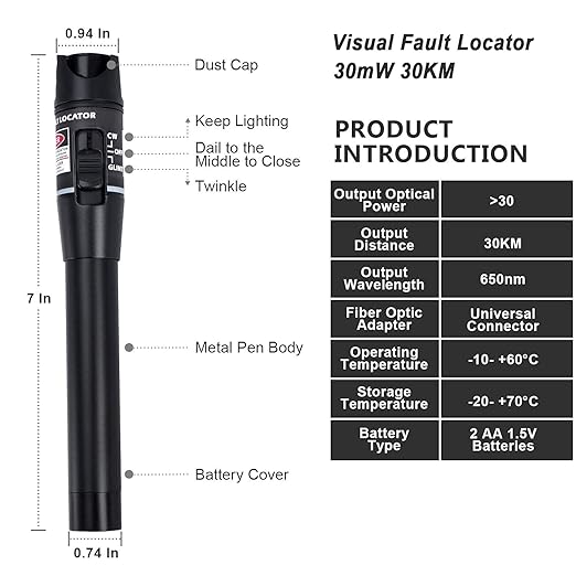 Visual Fault Locator 30km Fiber Optic Cable Tester Meter Red Light VFL with 2.5mm Universal Connector for FC/SC/ST Adapter Pen for CATV Telecommunications Engineering Maintenance