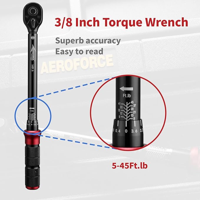 AEROFORCE 3/8-Inch Drive Torque Wrench（5-45 lb.ft / 6.8-61.2 Nm),72 Tooth Dual Direction Reversible Ratchet, Dual Range Scales, Precision Calibrated for Bike, Motorcycle and Car Repair