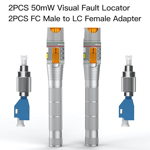 2PCS Visual Fault Locator 50KM with FC/LC Adapter Kit, VFL Include Single Mode 9/125um FC Male to LC Female Connector, Fiber Red Light Pen for CATV Telecommunications Engineering Maintenance