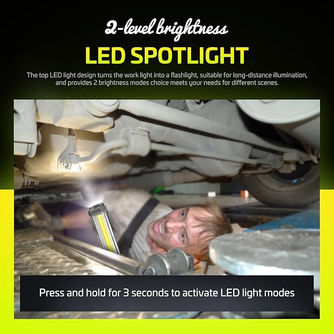 WARSUN Rechargeable 1500LM COB LED Work Light - Magnetic Hands-Free Trouble Light with Hook, IPX4 Waterproof for Garage Repair, Emergency | Tool Gifts for Men (Yellow)