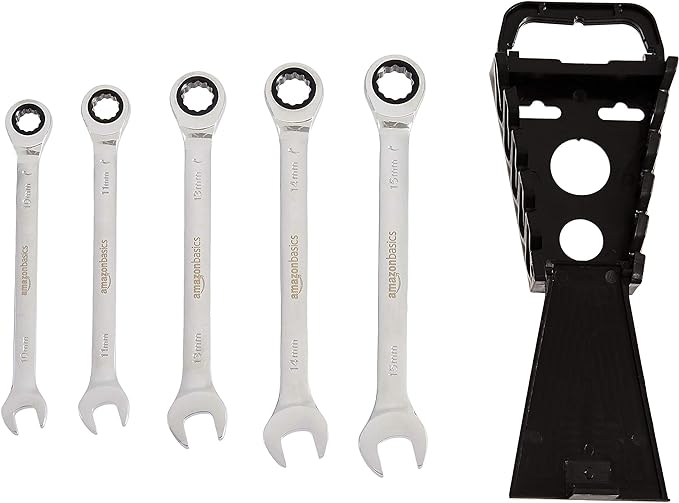 Amazon Basics Ratcheting Wrench Set, Metric, 5 Piece, Black/Silver