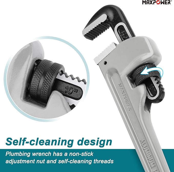 MAXPOWER Pipe Wrench 10-Inch, 40% Lighter Aluminum Adjustable Plumbing Wrench