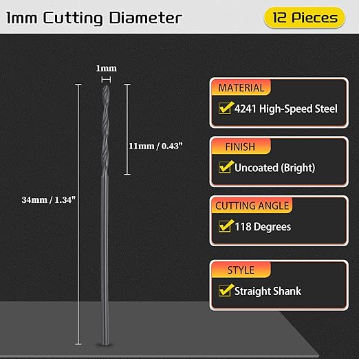 Drill Bit, 1mm Cutting Diameter, 4241 HSS Nitriding Black 118° Cutting Angle Versatile Jobber Bits - (Applications: for Drilling Plastic Wood Soft Metal), 12-Pieces