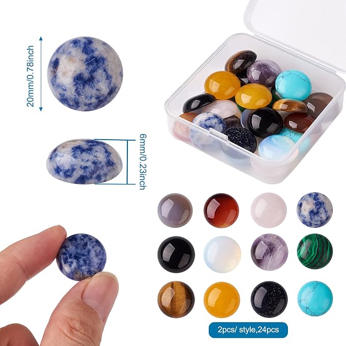 Beadthoven 24pcs 12 Styles Half Round Natural Gemstone Cabochons 20mm Assorted - Image 3