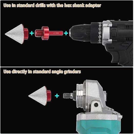 HARFINGTON Diamond Beveling Chamfer Bits 1.49" Dia 5/8-11 Thread Cone Grinder Bit with Adapter, Countersink Drill Bit to Enlarge Holes for Porcelain Tile, Marble, Ceramic, Glass, Stones
