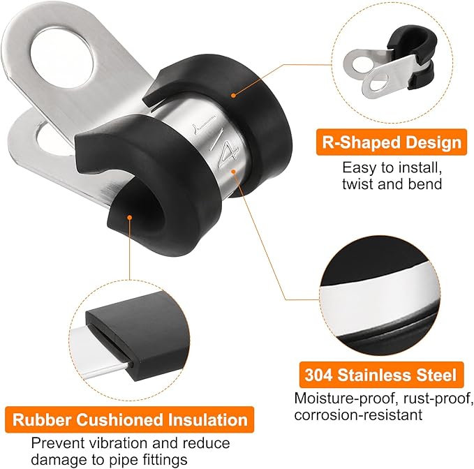 HARFINGTON 82pcs 304 Stainless Steel Cable Clamps 3/8"-1-3/4" Rubber Cushioned Insulated Clamp Metal Loop Pipe Clamp for Tube Pipe Wire Cord Installation