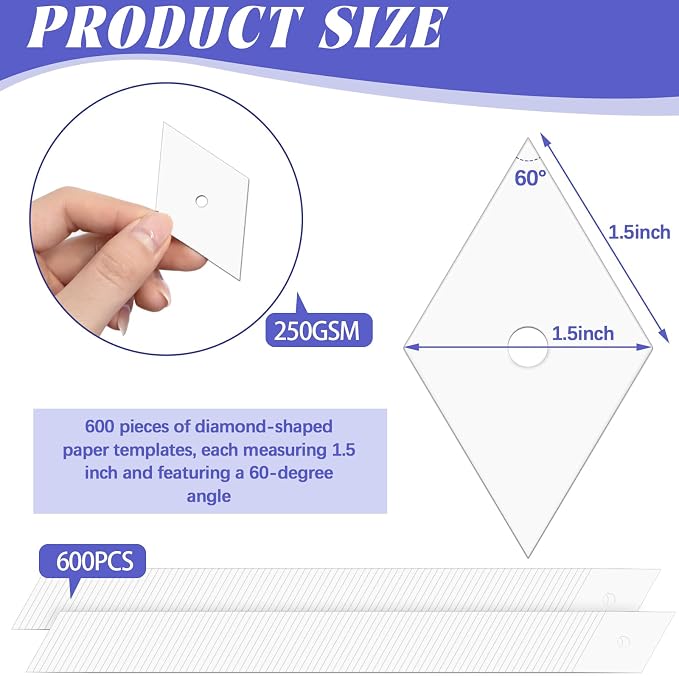Neworkg 600 PCS 1.5" Diamond 60 Degrees Piecing Paper Templates, Quilting - Image 2