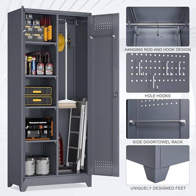 72.8" H Metal Storage Cabinet with Lockable Doors, Functional Garage Storage Cabinets, Cleaning Supply Tool Cabinets with Removable Pegboard Hanging Rod & S-Hooks, Grey