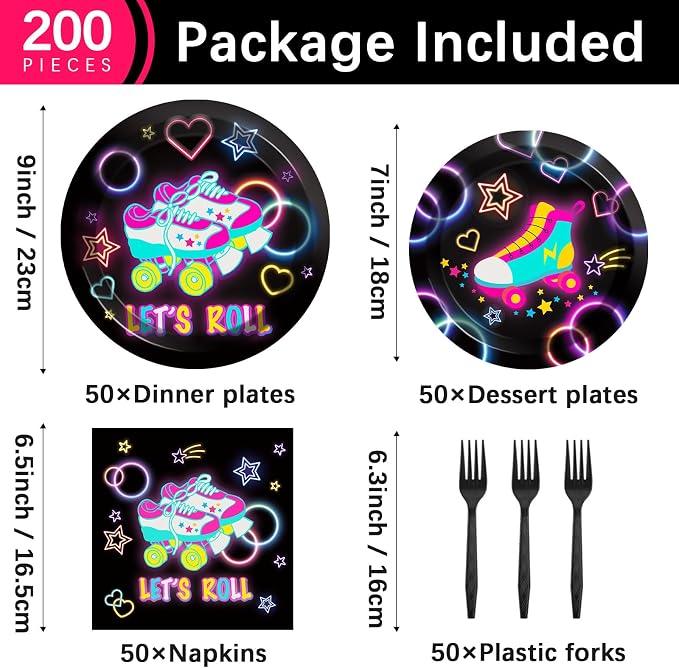 50 Guests Roller Skating Plates and Napkins Party Supplies Retro Roller Skate - Image 2