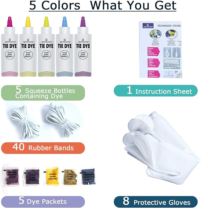 WINSONS Tie Dye Kit 5 Colors Permanent Fabric Dye Art Set - Image 3
