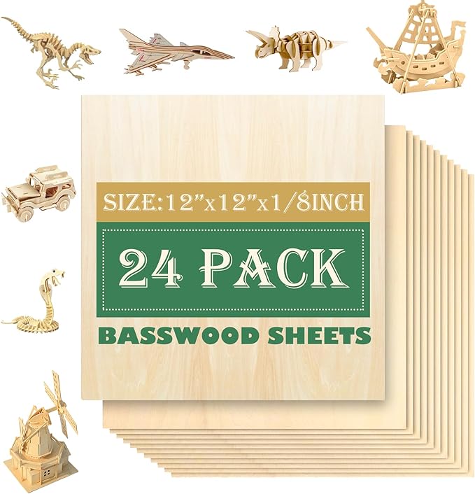 24 Pack 12"x12"Basswood Sheets 1/8", 3mm Basswood by QSJQllo
