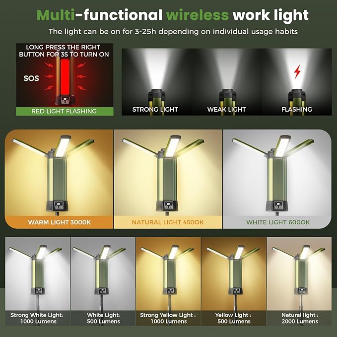 Rechargeable Camping Light with Stand - 54" Tall Cordless Work Light Portable USB Tripod Lights 2000 Lumen 3 Page Head with Carrying Bag for Outdoor Hiking Workshop Job Site(Green-B)