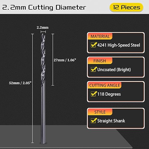 Drill Bit, 2.2mm Cutting Diameter, 4241 HSS Nitriding Black 118° Cutting Angle Versatile Jobber Bits - (Applications: for Drilling Plastic Wood Soft Metal), 12-Pieces
