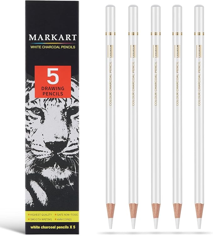 MARKART Professional White Charcoal Pencils Set, 5 Pieces Sketch Highlight by MARTCOLOR