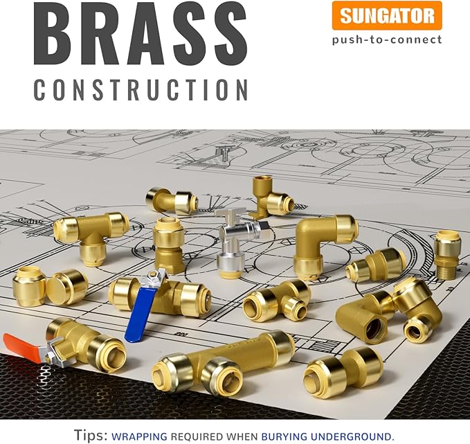 SUNGATOR Ball Valve 1/2 Inch, 1/2" Shut Off Valve, Water Shutoff, No Lead Brass Push-to-Connect Plumbing Fittings for Pex Pipe, Copper, CPVC, with 1 Disconnect Clip, Pack of 2
