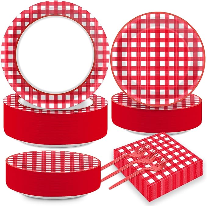 Naozinebi 200pcs Red and White Plates Napkins Checkered Plaid Paper Tableware by Naozinebi