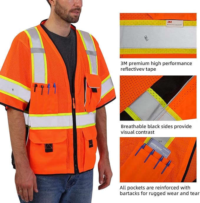 Dib Safety Reflective Mesh Vest ANSI Class 3, High Visibility with Pockets and Zipper, Made with 3M Reflective Tape, Orange L