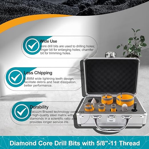 Tile Hole Saw Kit 8pcs - Diamond Core Drill Bits Set (19/25/35/50/75mm) & SDS Adapter for Tile Porcelain Ceramic Marble Granite with 20mm Diamond Finger Bit and 50mm Chamfer Bit Trimming Holes