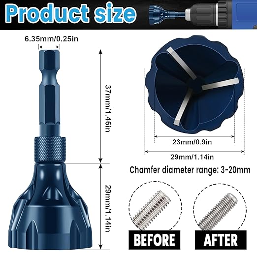 Hakkin 2Pcs Tungsten Carbide Deburring External Chamfer Tool 1/8"-3/4"(3mm-20mm), Deburring Chamfering Drill Bit for Metal, Bolt Thread Repair with Quick Release Hex Shank（Blue）
