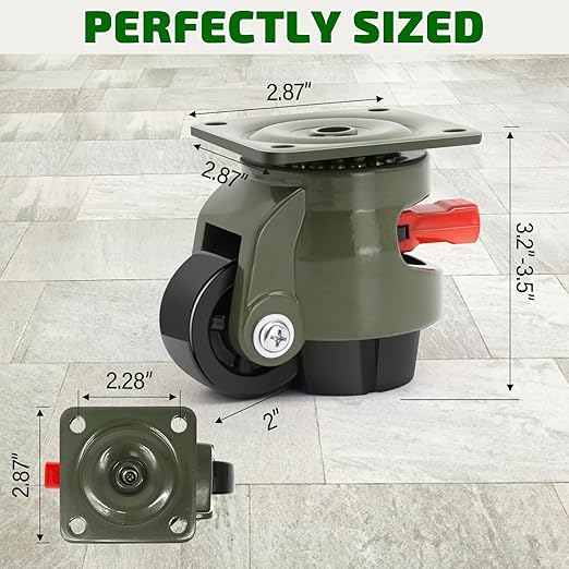 Leveling Machine Casters Wheels, Heavy Duty Workbench Casters with Ratchet Arm 2200 LBS, Green Retractable Casters Set of 4, Nylon Wheels & Leveling Feet, Suitable for Equipment, Workbench