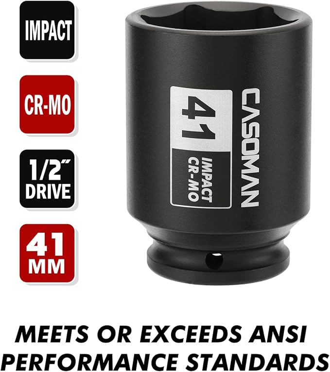 CASOMAN 1/2" Drive x 41mm Deep 6 PT Impact Socket, CR-MO, 1/2-Inch Drive Axle Nut Socket for Easy Removal of Axle Shaft Nuts (41MM)