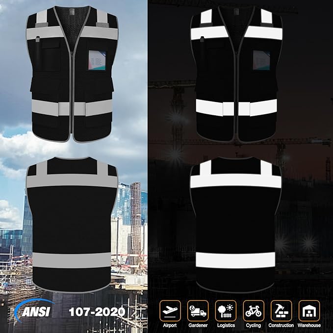 TCCFCCT Reflective Safety Vest with 5 Pockets High Visibility Vest for Men Women, Work Vest with Horizontal Strip for Walkie-talkie and ID Card, Meets ANSI/ISEA Standards, Black, 4XL