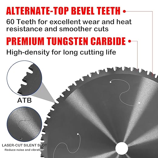 12" Miter Table Saw Blade, TCT Metal Cutting Saw Blades with 60T & 1" Arbor, Professional for Iron Steel Aluminum Stainless Steel Ferrous Metals