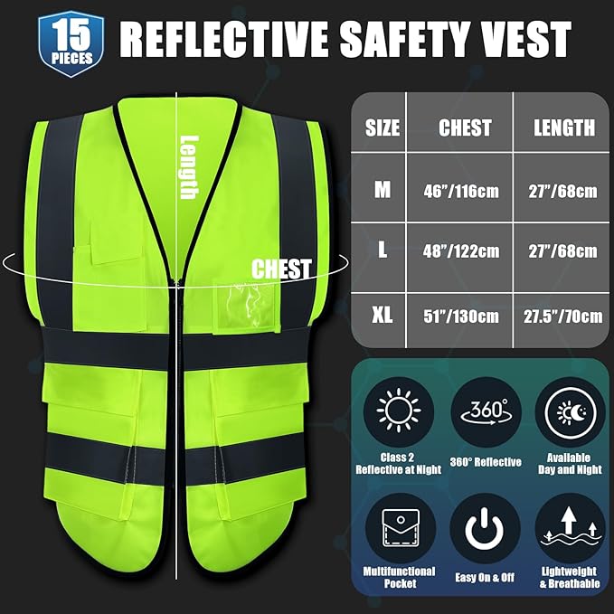 15 Pack Reflective Safety Vests with Pockets and Zipper Construction Work High Visibility Vest for Men Women(X-Large,Fluorescent Green)