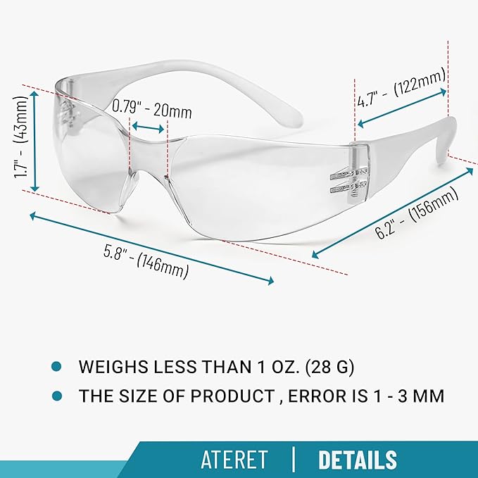 ATERET 12 Pairs Safety Glasses, Scratch Resistant Polycarbonate ANSI Z87.1 Impact Resistant Lens