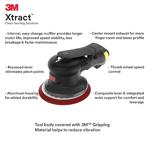 3M Pneumatic Random Orbital Sander, 88940, 5 in, Non-Vacuum, 3/8 in Orbit, Lightweight and Comfortable, 12000 RPM, .28 HP (209W) Motor, Variable Speed