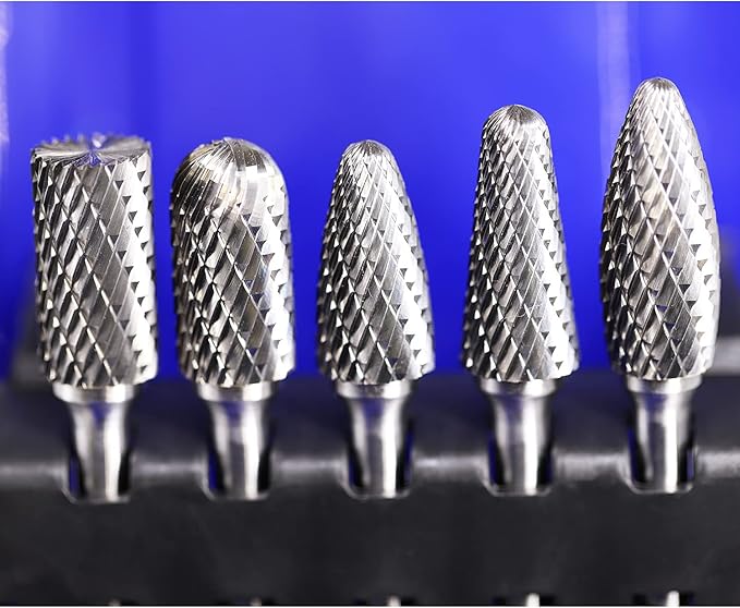 Carbide Burrs Set 5pcs with 1/4''Shank SB-5 SC-5 SF-5 SH-5 SL-4 Double Cut Solid Power Tool Rotary Files Bits for Die Grinder Metal Wood Carving Engraving Polishing Drilling Grinding Milling Cutting